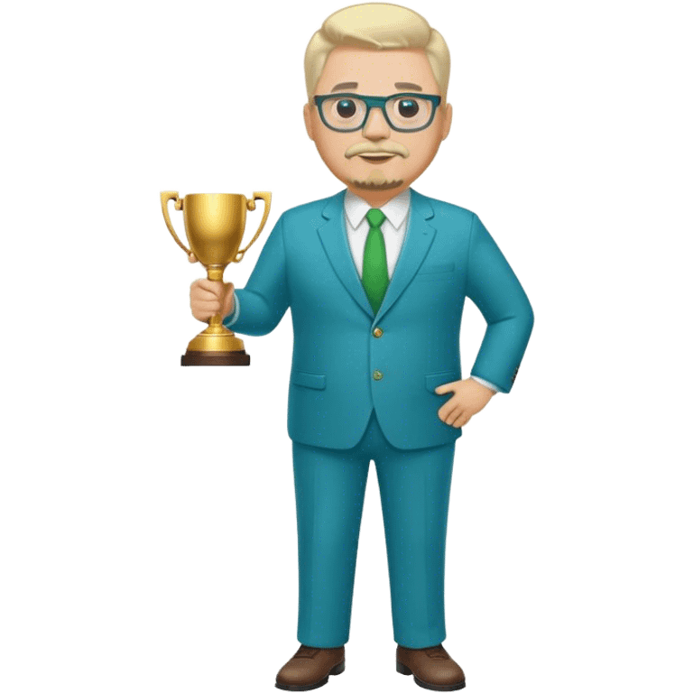 Full Body white fat male  wearing glasses with a goatee with light blonde gray very short hair basketball head Coach in blue and green suit holding trophy emoji