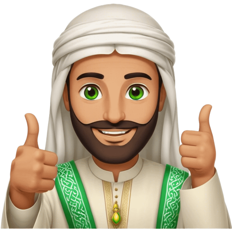 Tanned Arab Saudi man with green eyes and a beard, wearing traditional attire, smiling and giving a big thumbs-up emoji