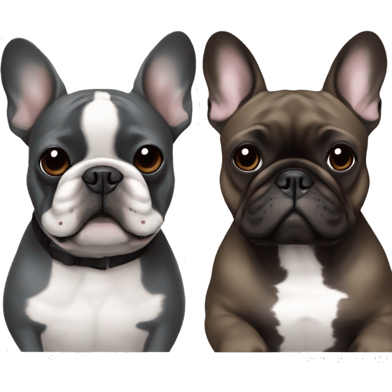 dark gray french bulldog happy alongside a black brown brindle French bulldog, best friends emoji