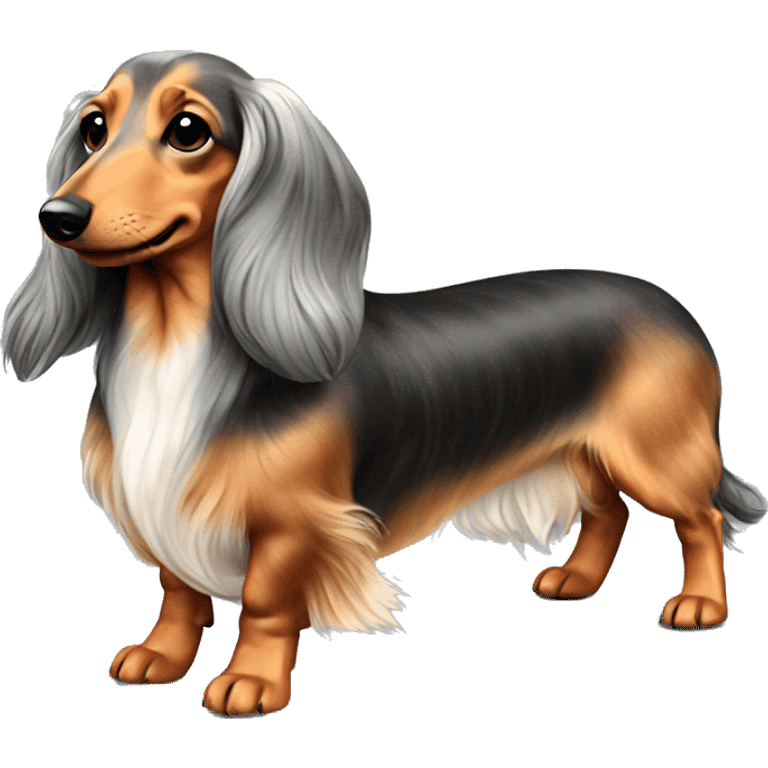 On his back. Long haired dapple dachshund, tan, gray & black. Full body  emoji