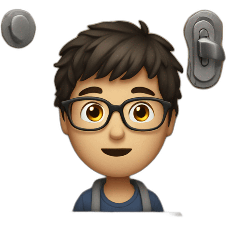 young dark-haired man with glasses struggling to lock a wooden door emoji