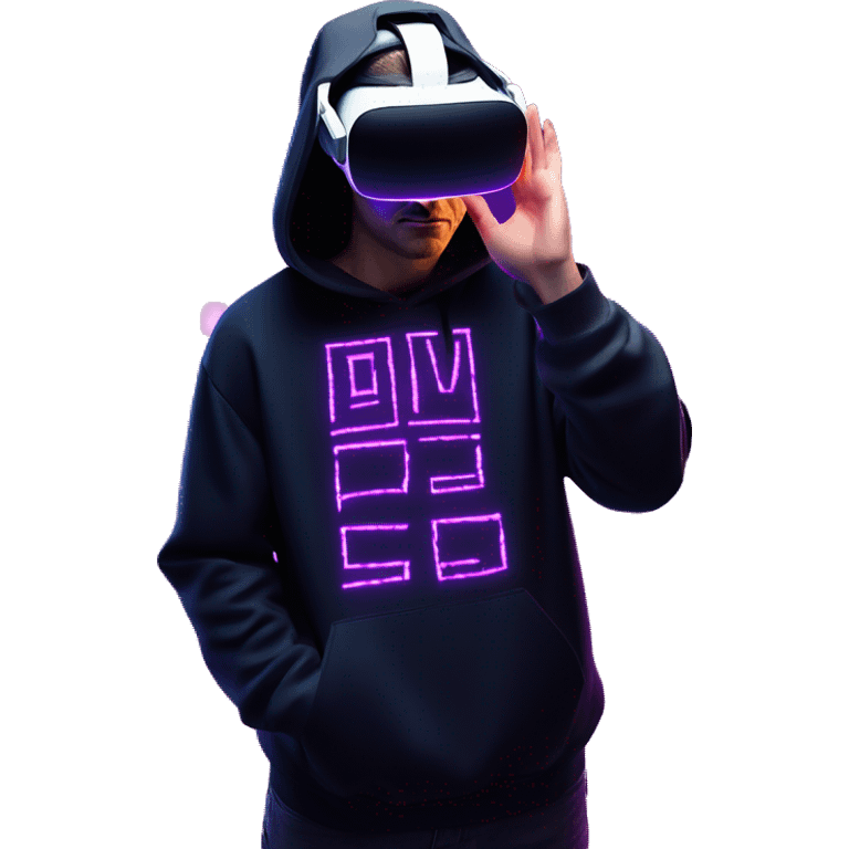 Russian man wearing a black hoodie with "OMG" letters on it and VR headset oculus quest 2 in a cyberpunk VR environment with violet neon lighting. Showing direction with hand emoji