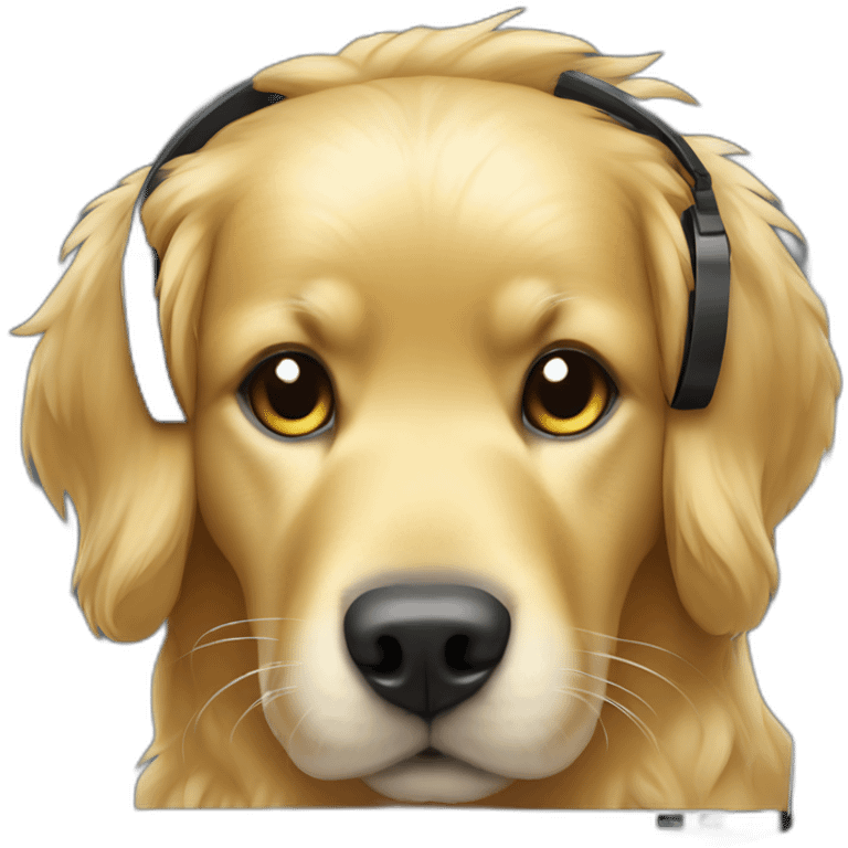 golden retriever coding on laptop and wearing headphones emoji