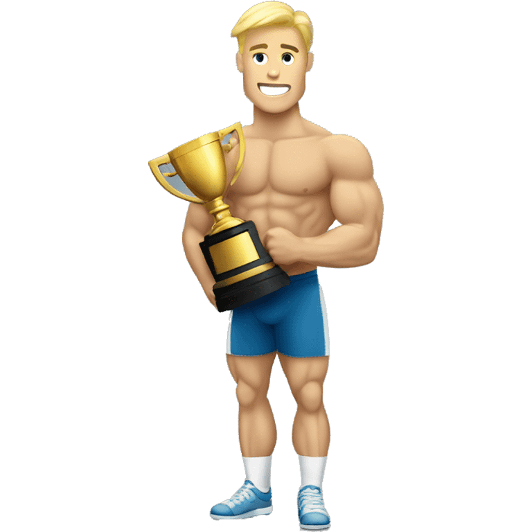 muscle blond man holding a trophie emoji