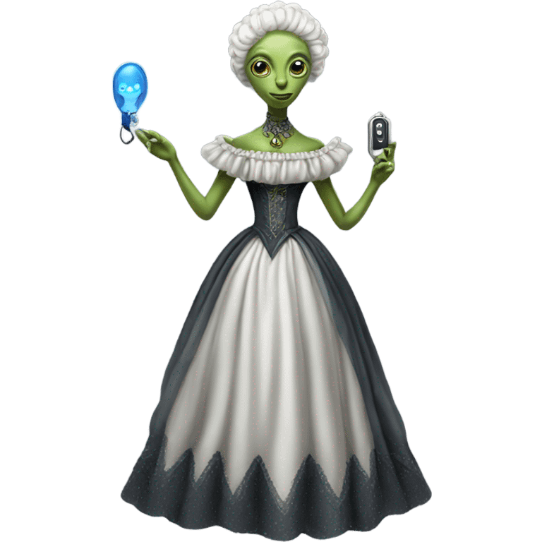 alien galora in Victorian dress elegant, full body, holding usb key emoji