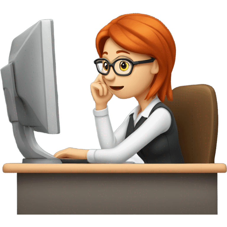 red hair woman nutritionist wearing glasses with hand on chin having an idea monitor desk emoji