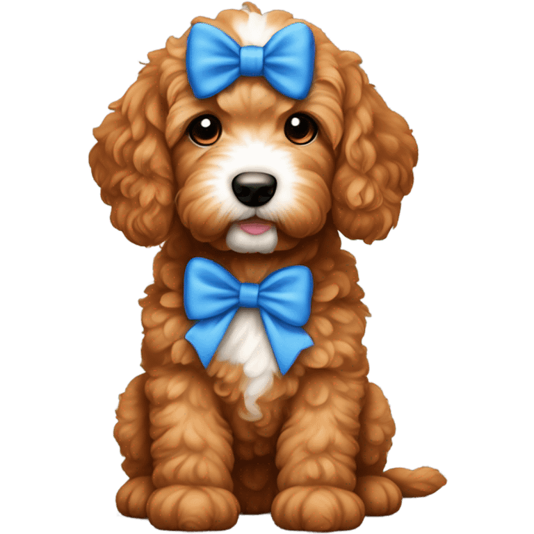 Red goldendoodle puppy white nose and chest blue bow on head emoji