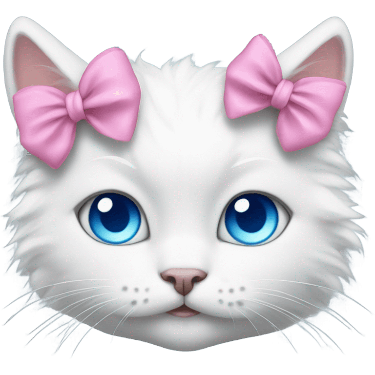 White fluffy cat with blue cute eyes with pink bow on top of the head on the right side  emoji