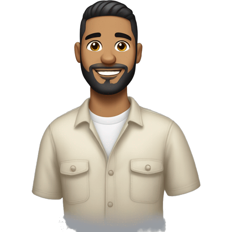 25 year latino guy with black crips hair with skin fade on the sides and full beard short hair, medium noes, dark brown eyes, little chuby smiling in a cool way emoji