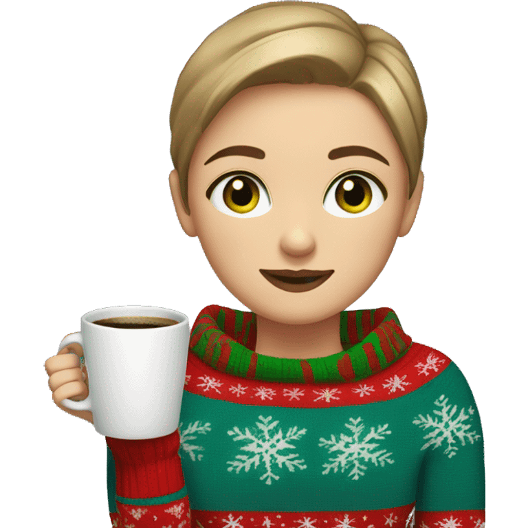 Light brown short haired girl with green eyes drinking coffee wearing blue Christmas sweater emoji