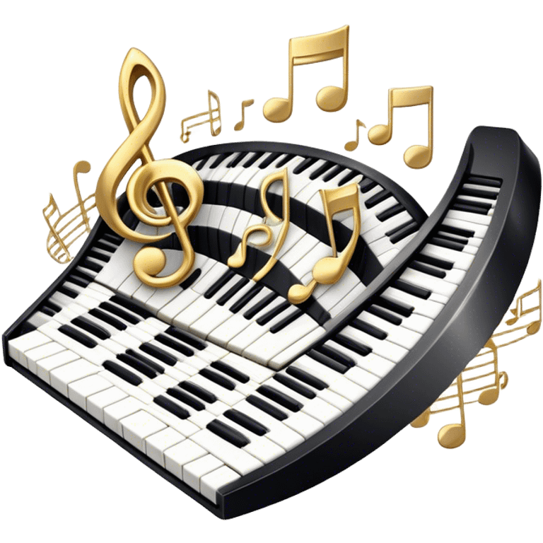 Create an elegant and festive emoji collage representing keyboard instruments, styled like a heraldic emblem. The design should feature a central focal point of black and white piano keys, arranged in a semi-circular or shield-like shape. Around the piano keys, add intertwining musical notes that form flowing ribbons, creating a dynamic and celebratory atmosphere. The design should be professional, with polished silver and gold accents on the keys and notes, highlighting the luxury and sophistication of the instruments. Add subtle shading and lighting effects to give the design a refined, 3D appearance. The background should remain transparent, and the overall feel should evoke grandeur, artistry, and a sense of celebration. emoji