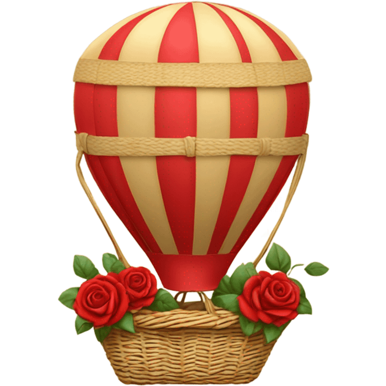 red hot air balloon and beige basket with roses emoji