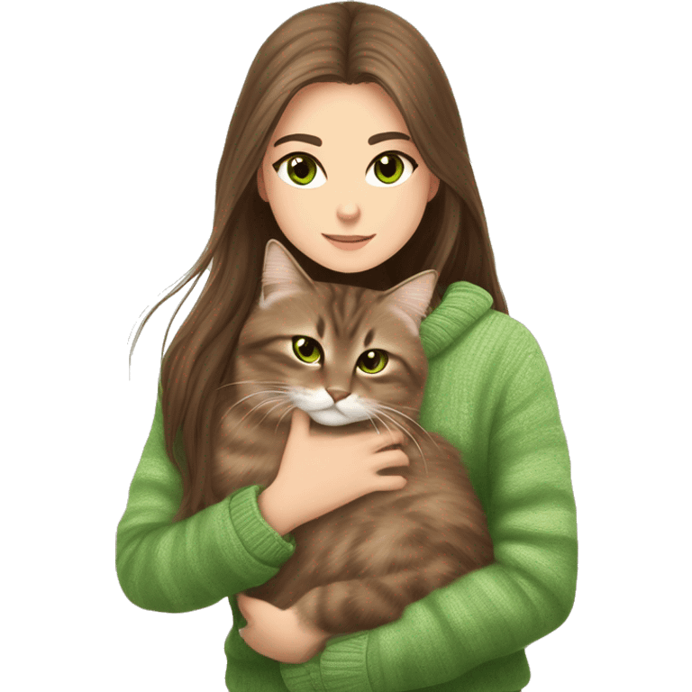 Siberian tappy cat with white paws and green eyes and white nose have a cozy time with a beautiful girl with long brown hair and brown eyes and she wearing a brown sweater  emoji