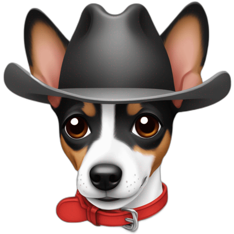 rat terrier wearing a cowboy hat and red collar smiling no brown (black and white) emoji