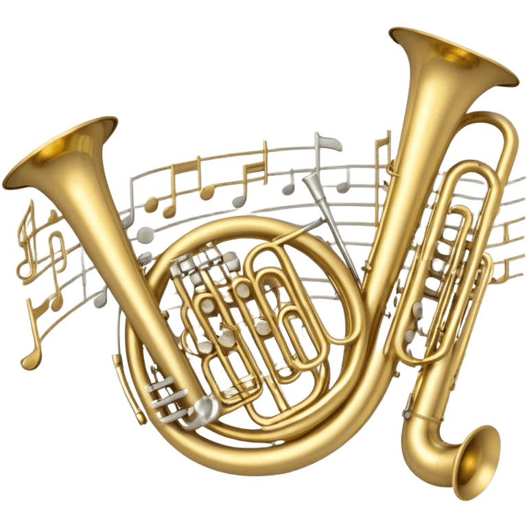 Create a professional, harmonious emoji collage symbolizing wind instruments.  The instruments should be in metallic gold, silver, and brass tones, with subtle reflections to convey a professional and polished appearance. Add soft musical notes or soundwaves to surround the instruments, creating a sense of movement and sound. The background should be transparent, ensuring all instruments are the focus and the composition remains harmonious and balanced. emoji