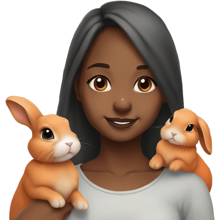 Black Muslim girl and her 3 cute orange, gray, and mix colored holland lop bunnies emoji