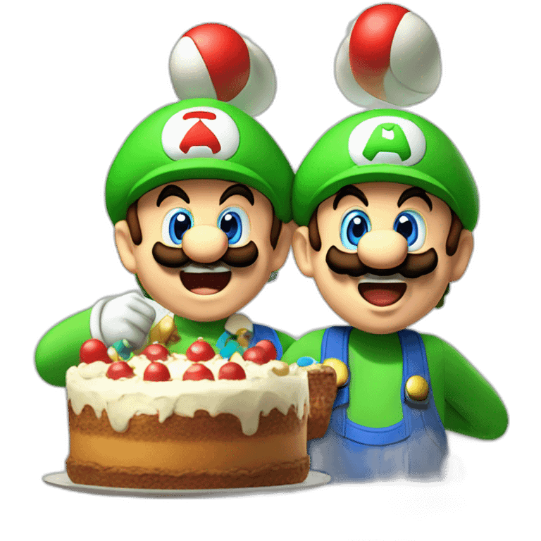 Mario and luigi cheering a cake emoji