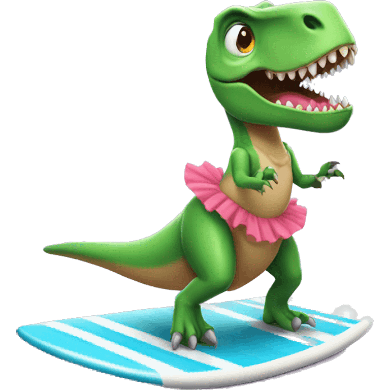 t-rex wearing a tutu on a surfboard emoji