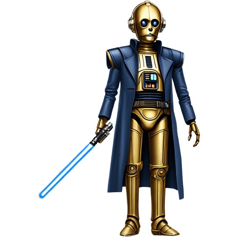 tarnished undercover tough well-equipped Jedi  life-sized darkblue-pearl C3po as a friendly droid wearing a leather clothing old west duster coat holding light saber sheriff emoji