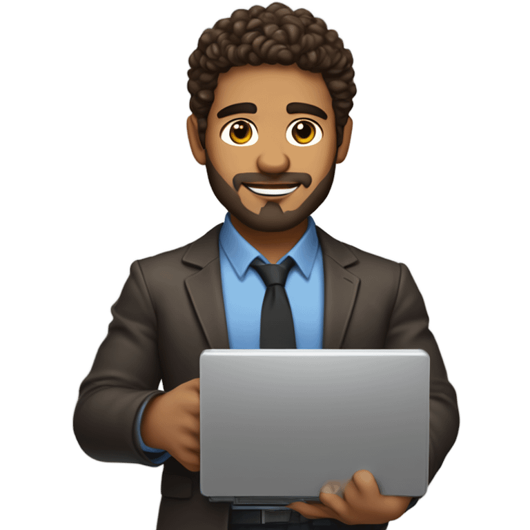 SEO chief carrying a computer in his hands. light brown skin men with curly dark brown hair, brown eyes, little grown beard. imposing, muscular build. emoji