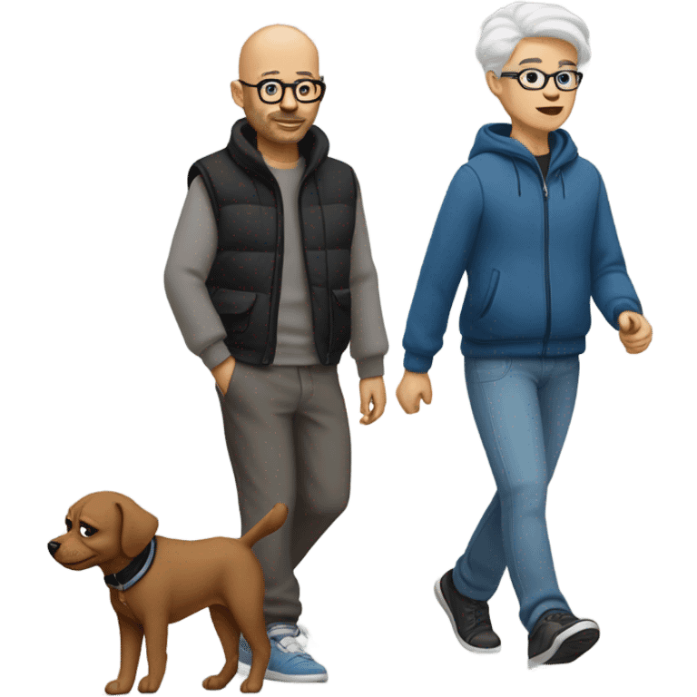 Bald man with glasses, wearing gray sweatpants and a black T-shirt and a blue puffy vest walking a small brown dog emoji