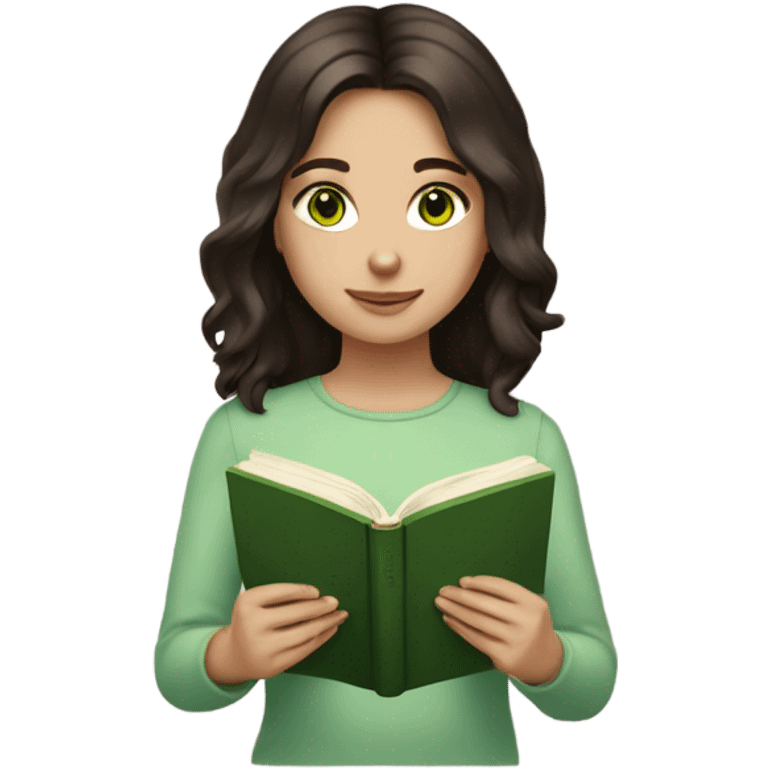 Girl with green eyes, shoulder length dark brown hair, pale skin, reading a book  emoji