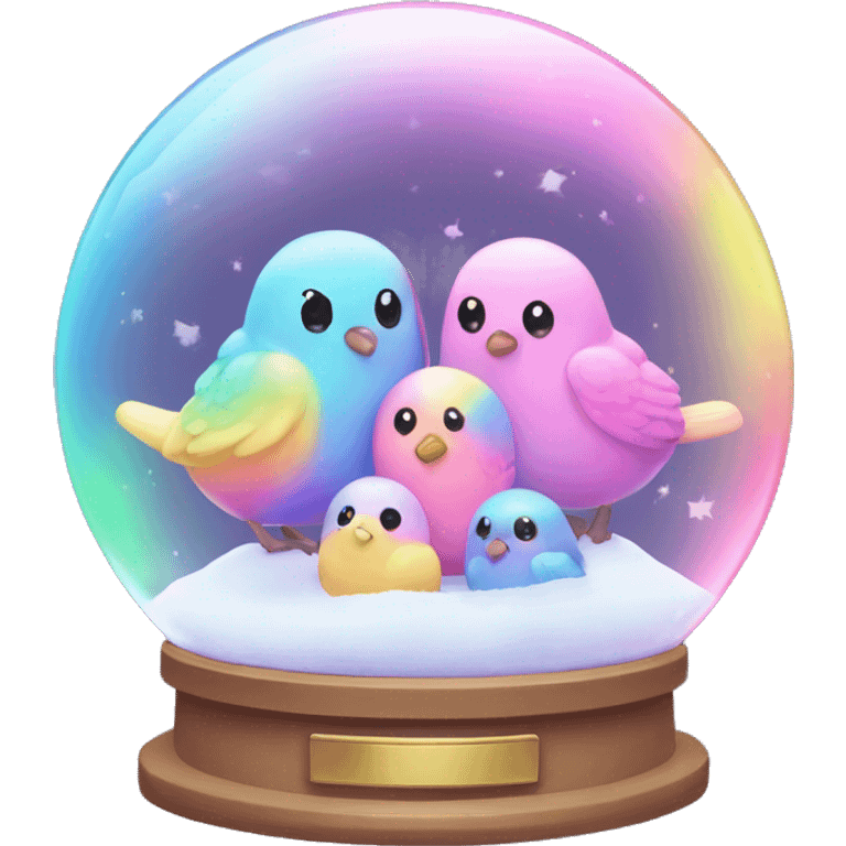 Kawaii rainbow pastel birds in neon snow globe  emoji