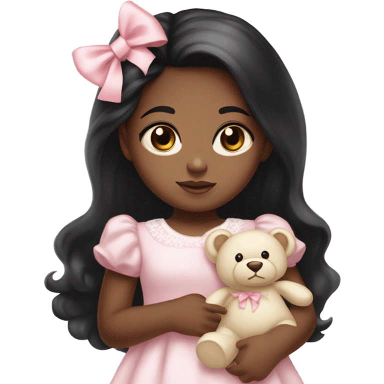 Little  babygirl with brown skin,. Long black hair, with light pink bows.  She is wearing a light pink and White dress, holding a teddybear with a pink bow. emoji