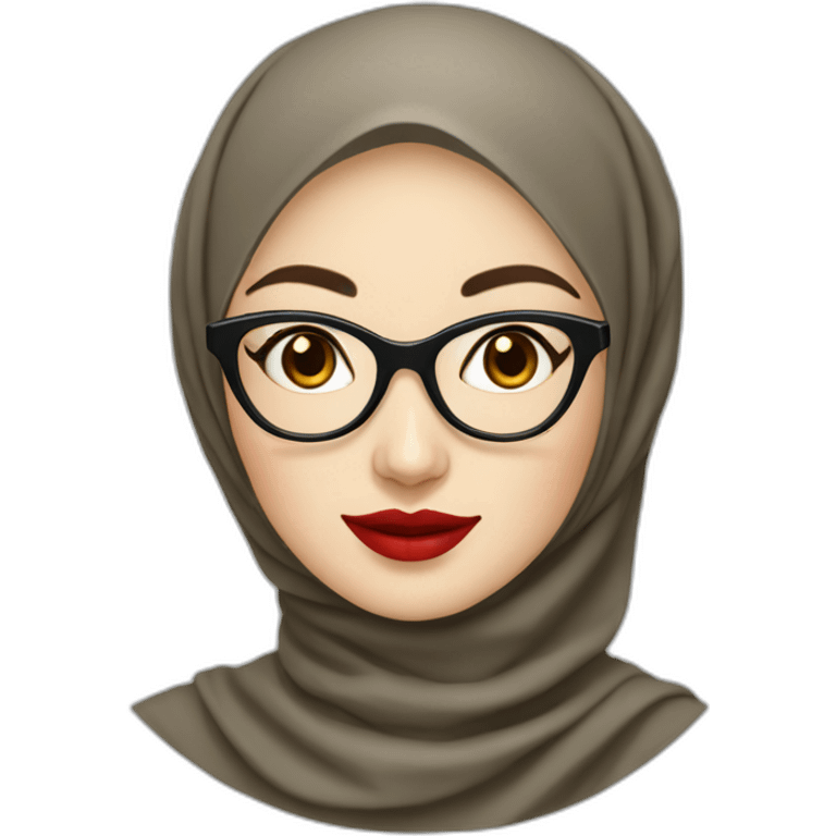 Classy Indonesian woman with pale skin and red lips wear hijab and round glasses smiling emoji