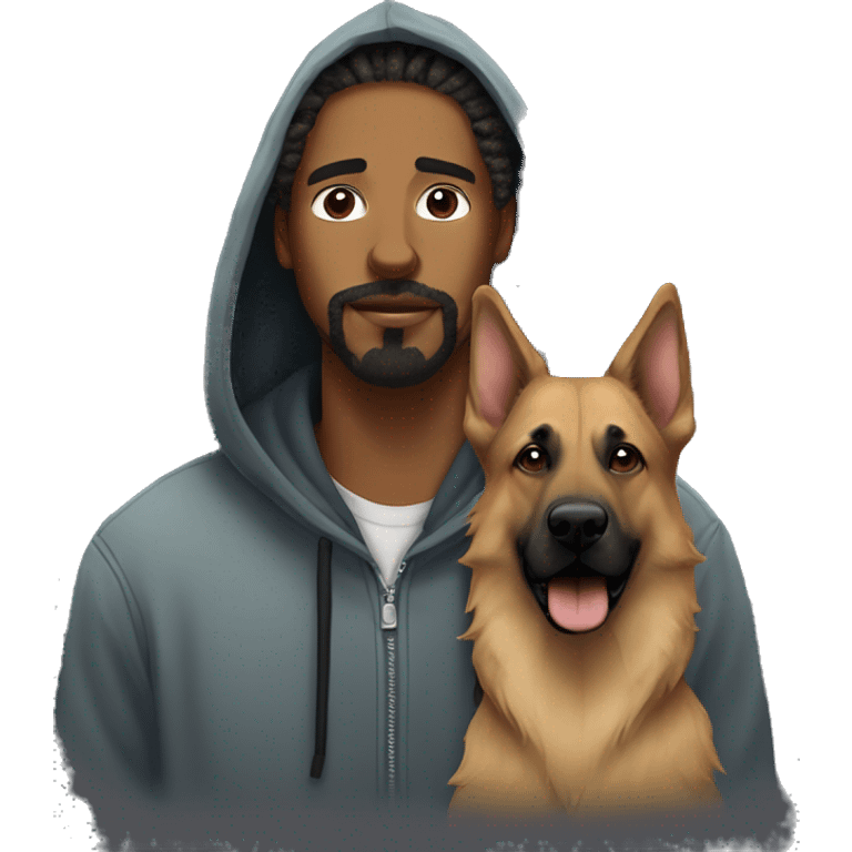 man with dreadlocks, mustache and goatee dressed in a hoodie alongside a brindle colored german shepherd dog emoji