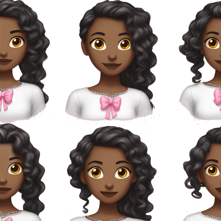 Young Black girl with long black hair and a white long sleeved top, pink bow in hair, white  crystal heart necklace, coquette  emoji