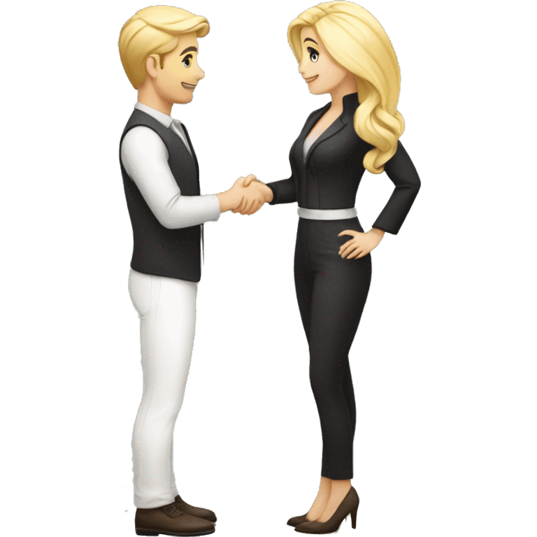 adult restaurant owner with white skin and blogger with white skin and blonde hair shaking hands in great detail and full height emoji