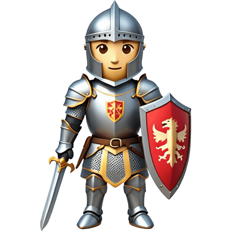 Clash of Clans aesthetic: Cinematic Playful Armored Knight Hero Emoji, rendered in a 3D vector-style similar to standard emojis with minimal shading and bold, simplified shapes. A compact, isometric warrior clad in gleaming plate armor with intricate heraldic details, softly glowing with a chivalrous medieval charm. Simplified yet unmistakably iconic, highly detailed and consistent, glowing with a soft radiant shine and high polish. Stylized with a touch of noble valor and a soft glowing outline, capturing the essence of a gallant knight ready for honorable battle with a friendly, playful manner! emoji