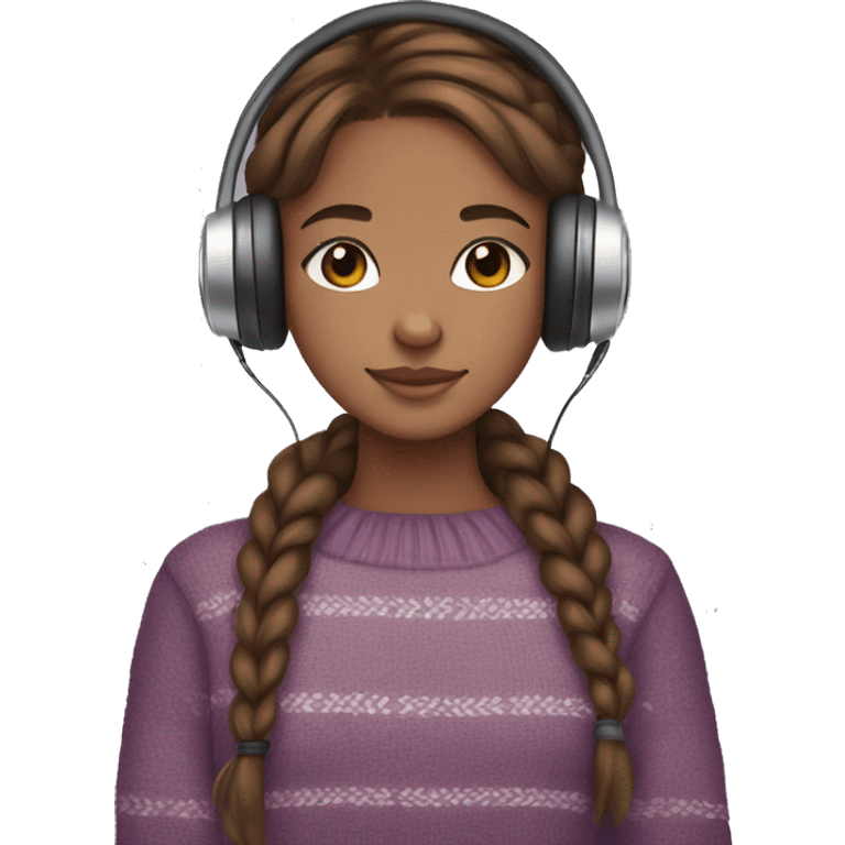 Brown hair girl, Boho braids, brown eyes, violet sweater, headphones, clear glass, brown skin, and cat in hands emoji