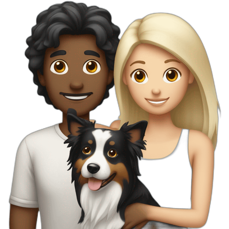 Family formed by a White man with a border collie black and with and a White woman with long black hair and a small yorkshire terrier dog emoji