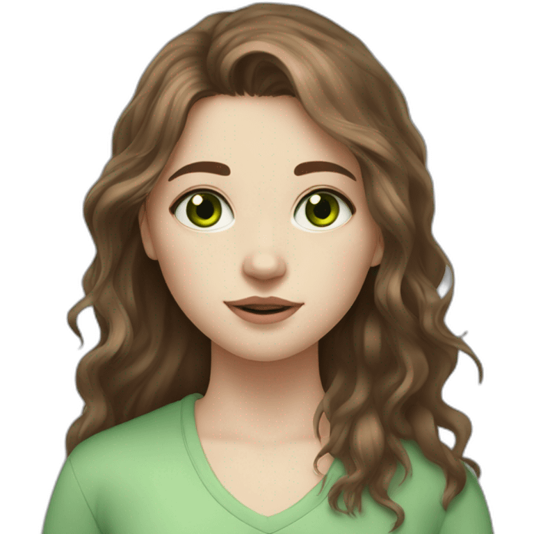 Messy long brown haired girl with green eyes, pale skin and little birthmark on neck emoji