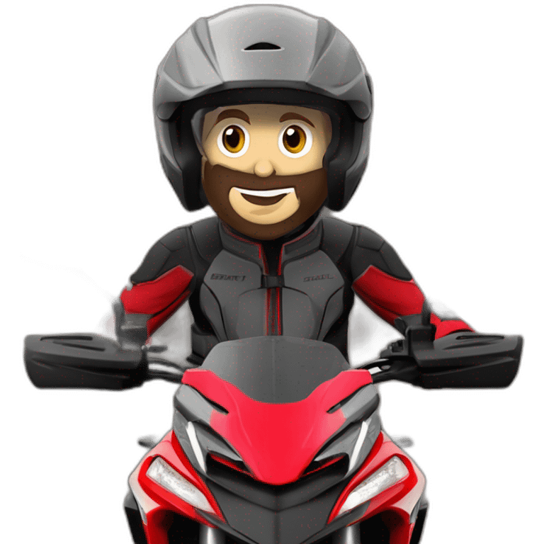 Caricatura Moto Ducati multistrada enduro off road roja y negra con manchas de barro en el depósito y las ruedas. Piloto con casco gris y máscara emoji