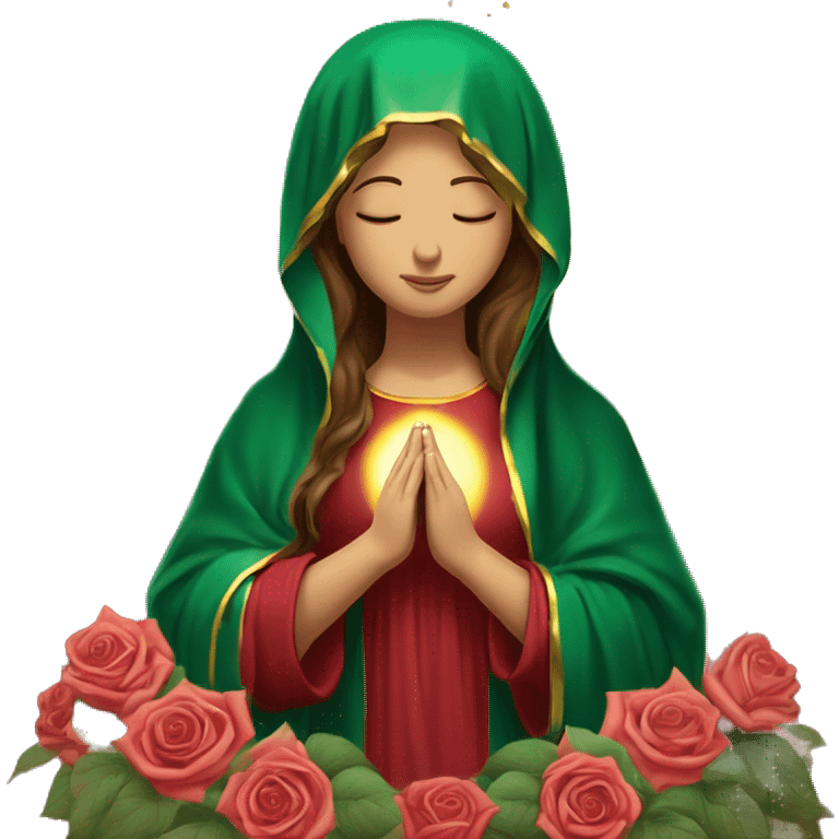 Virgin Mary: kind face looking down at the left, long brown hair, Wearing an emerald green  robe with gold stars and a burgundy red dress,  Hands in prayer or blessing. Halo around her head. standing in front of a big sun. colorful roses on the sides  emoji