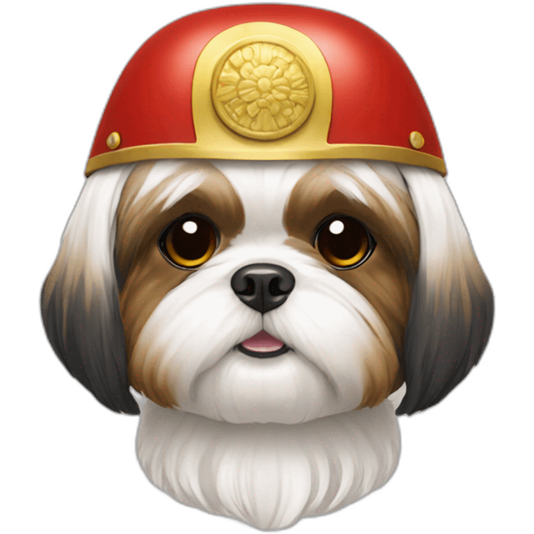 shih tzu wearing red samurai helmet with yellow horns emoji