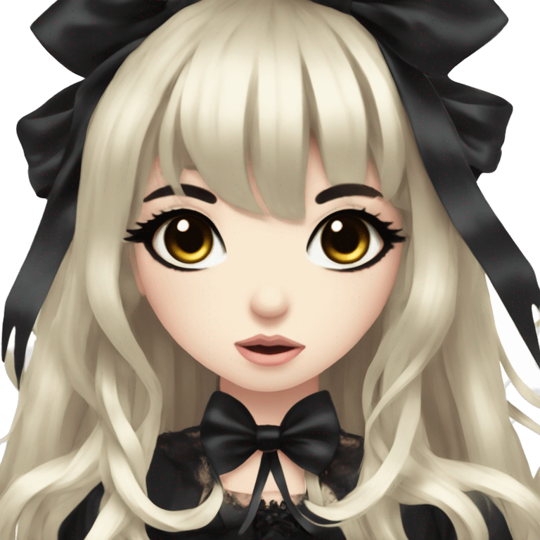 hime gyaru girl, goth, bows, dark makeup, dark black hair emoji