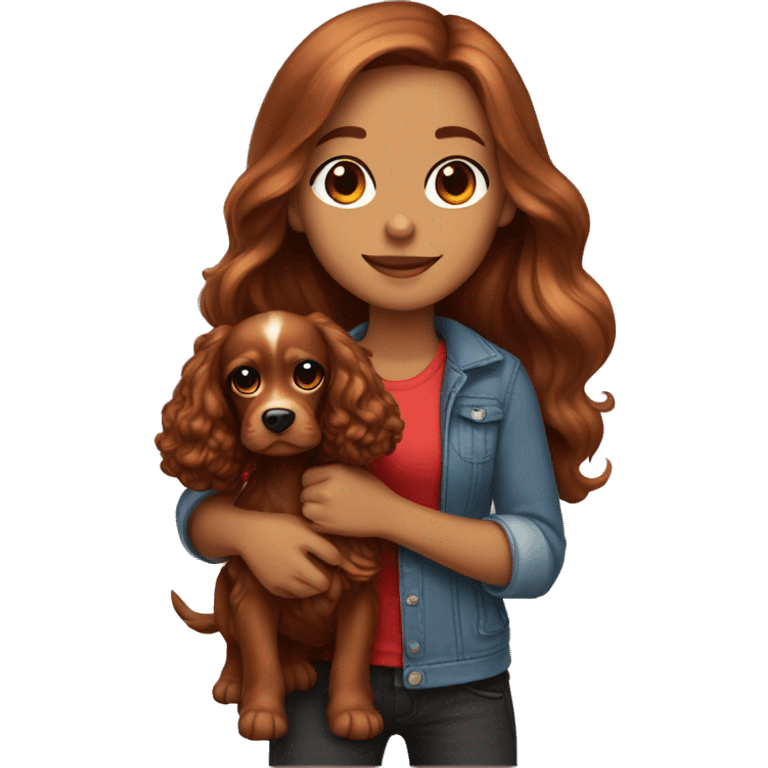 Beautiful stylish girl with brown long hair holding in her arms red puppy Cocker Spaniel emoji