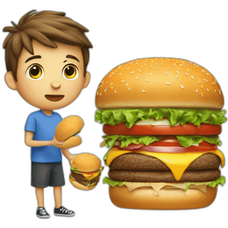 Boy taking bit of big burger with big motth emoji