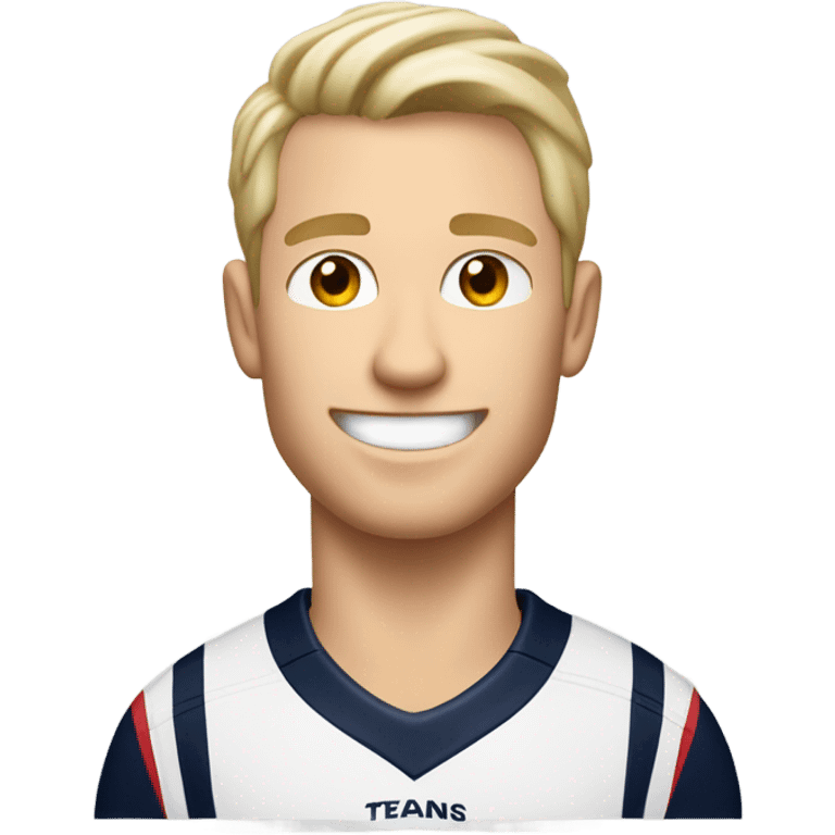 Skinny Caucasian male blonde combed over hair smiling wearing a Houston Texans polo emoji