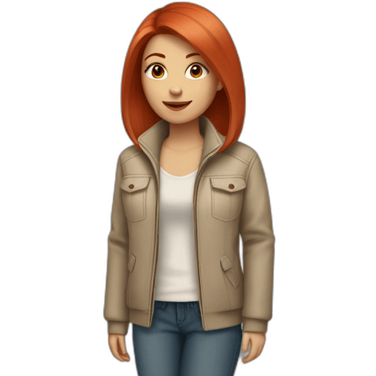 a girl with red straight hair of medium length, wearing a beige jacket and jeans emoji