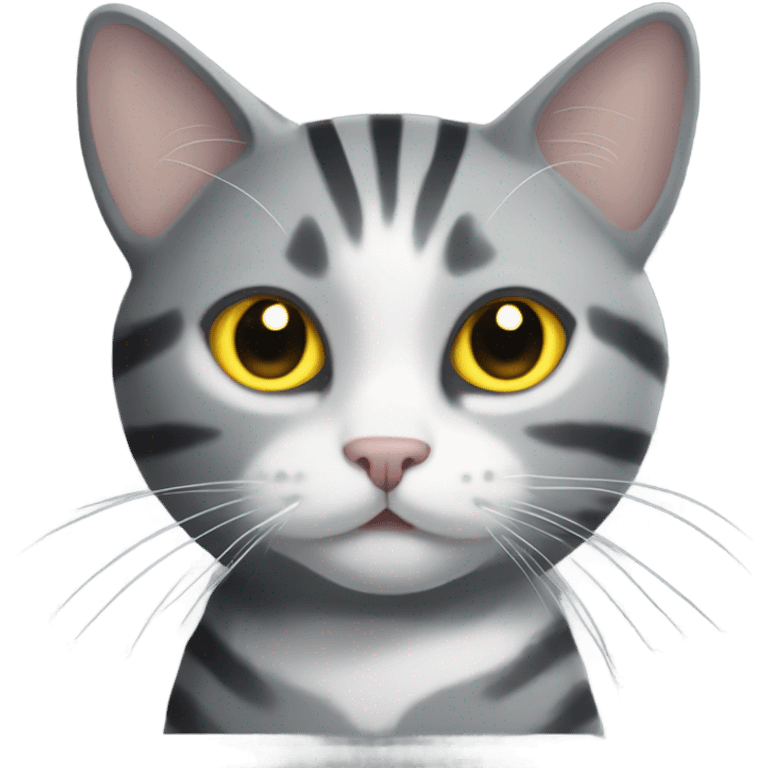 Grey striped cat with white feet and yellow eyes emoji