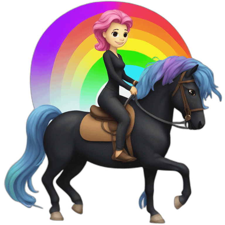 Woman with long rainbow hair riding a black walking horse emoji