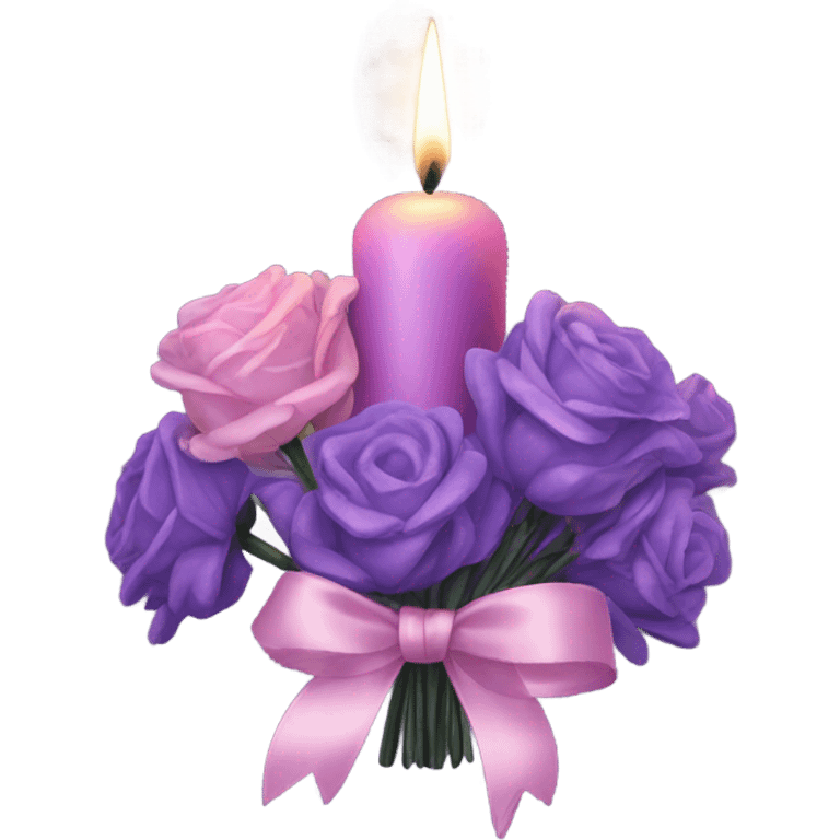 a beautiful aesthetic bouquet of dark purple and light pink lavender tied with a silk purple ribbon and next to it a pink decorative candle  emoji