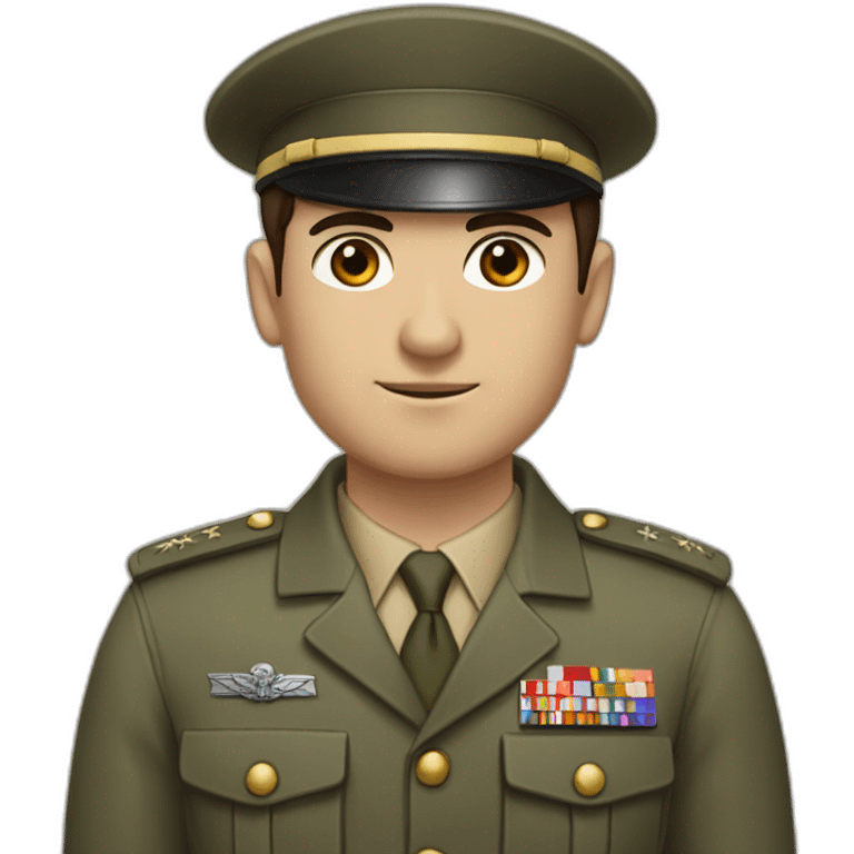 person with a small, thin mustache, dark hair combed to the side, prominent eyebrows, brown eyes, a large nose, a square chin, a pale complexion, wearing a military shirt emoji