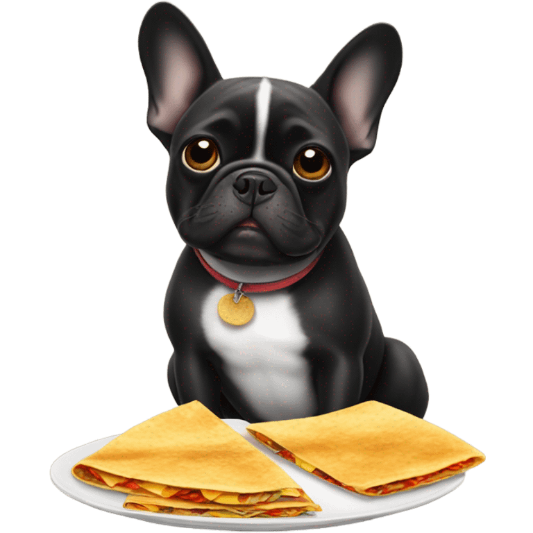 a black french bulldog eating some quesadillas emoji