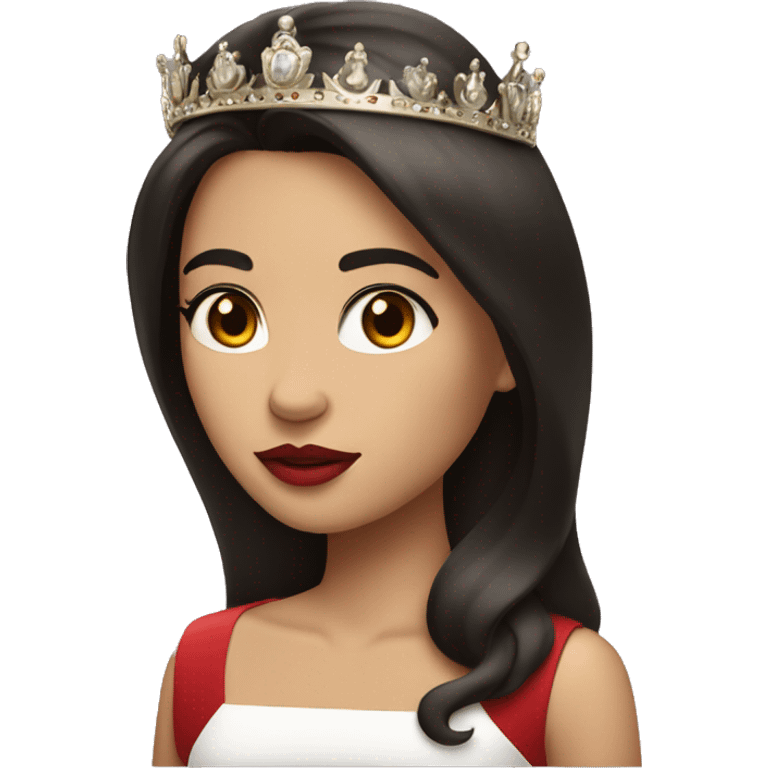 Girl has straight dark hair and dark brown eyes wearing a crown with red lipstick on her lips emoji